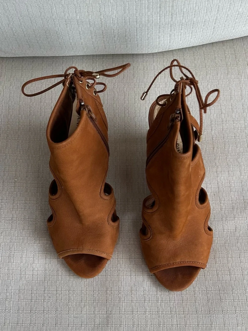 Gianni Bini Suede Lace-Up Heels in Cognac Brown